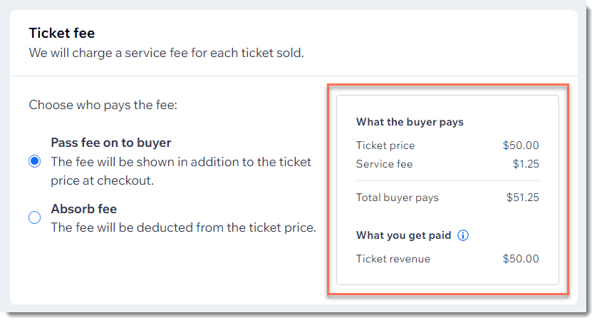 A screenshot showing how to add ticket fees and select whether to absorb the fee yourself or pass it to the buyer.