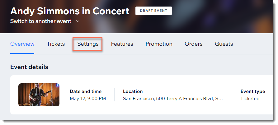 A screenshot of the Settings tab on an event in a site dashboard.