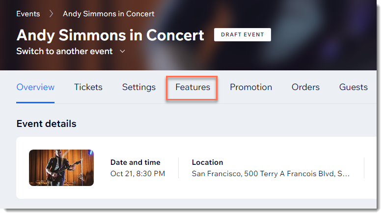 A screenshot of the features tab to add a schedule to the event.