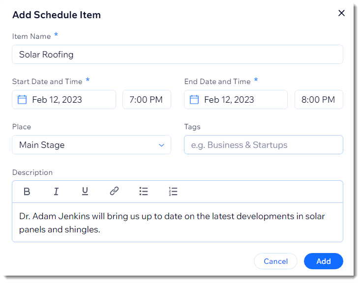A screenshot of adding the schedule item details to the event.