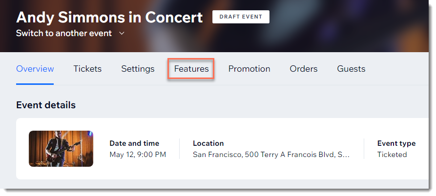 A screenshot of the Features tab for an event in a site's dashboard.