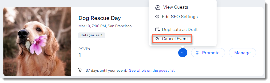 A screenshot of the Cancel Event panel in your site's dashboard.