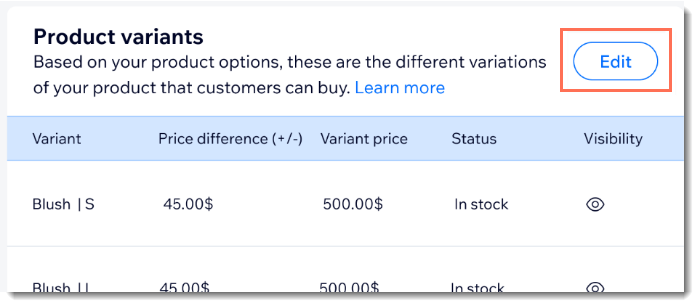 Screenshot, der den Bearbeiten-Button zeigt, auf den du klickst, um Produktvarianten zu bearbeiten