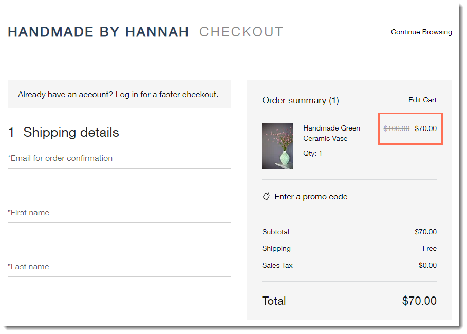 Screenshot della pagina di checkout che mostra un prezzo scontato