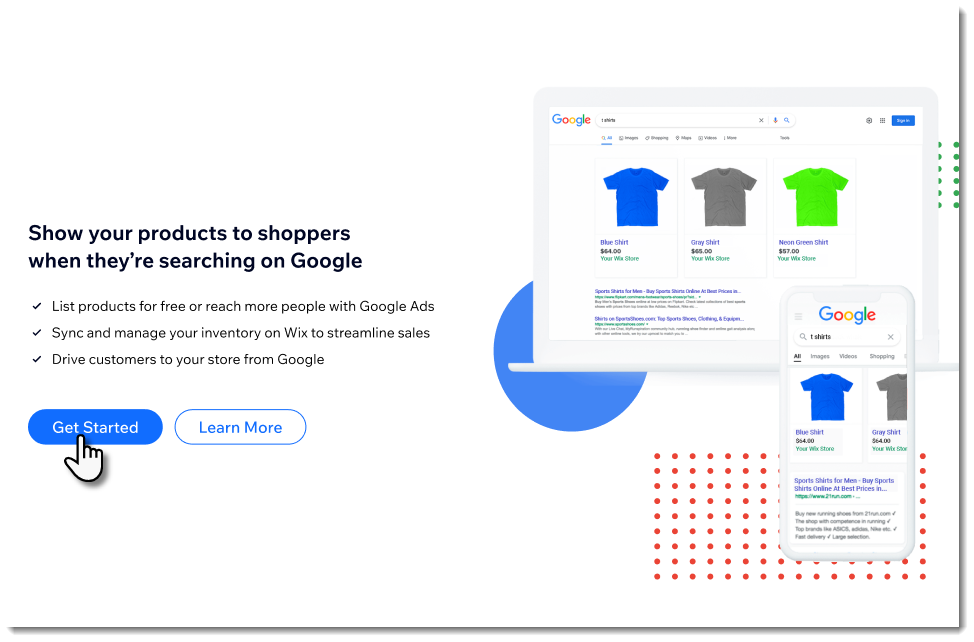 設定する前の Wix の Google Merchant Center アカウントページのスクリーンショット