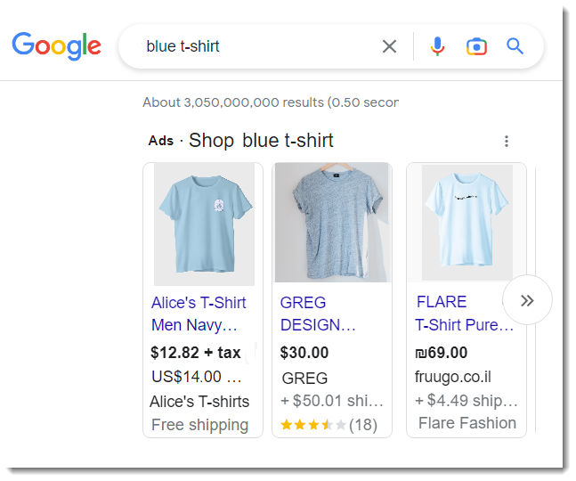 Screenshot of Google shopping search results