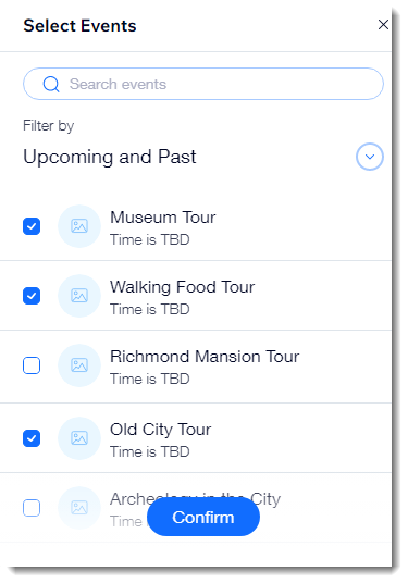 A screenshot of manually selecting events to display on a site page of the Wix Editor.