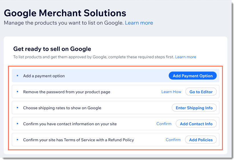 設定手順が表示された Wix の Google Merchant Center アカウントページのスクリーンショット