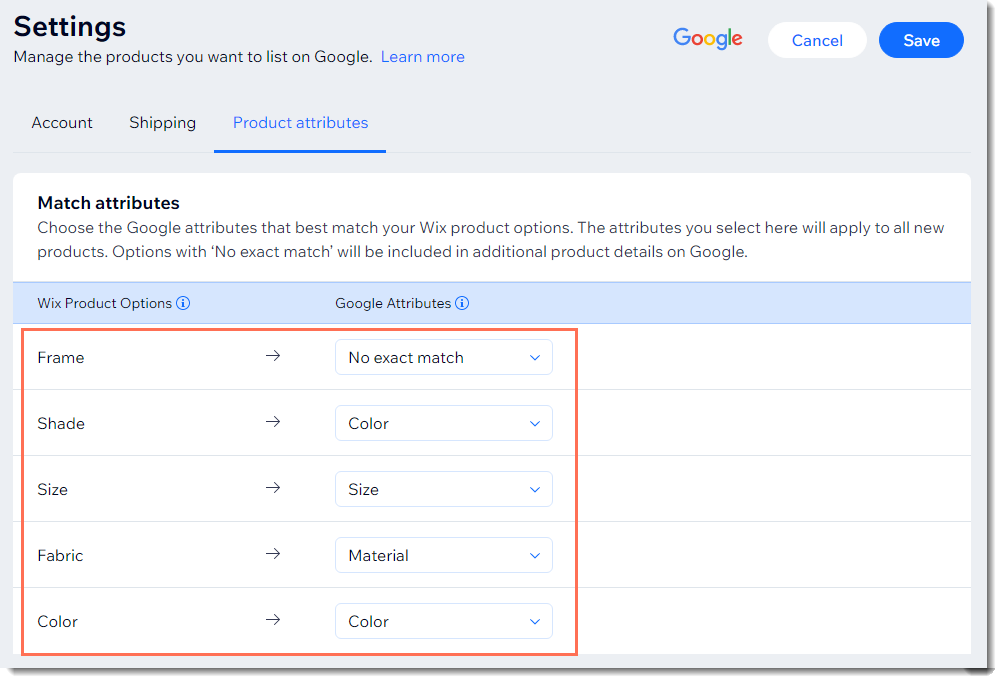 商品に属性を追加できる Wix の Google Merchant Center アカウントページのスクリーンショット