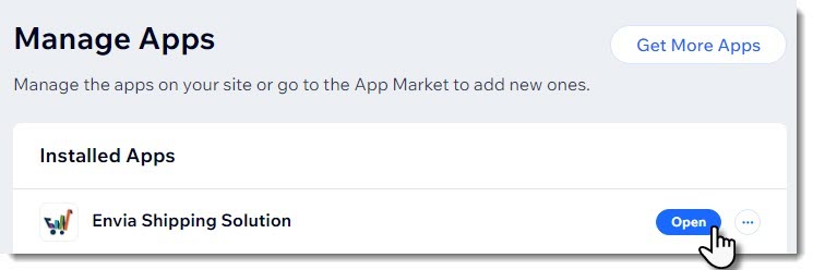 Screenshot of a shipping app in the Manage Apps tab in the Wix dashboard