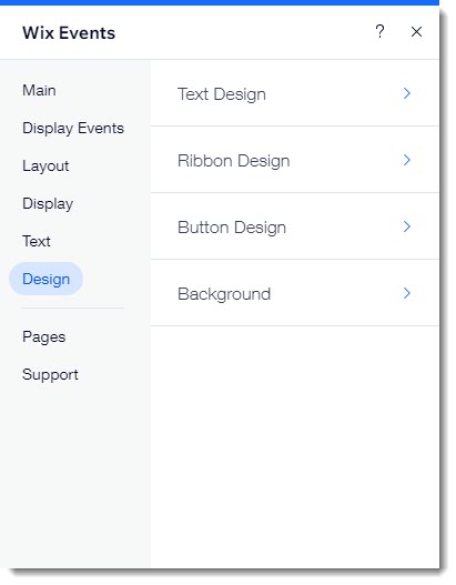 Captura de pantalla del panel de Wix Events. La pestaña Diseño está seleccionada.