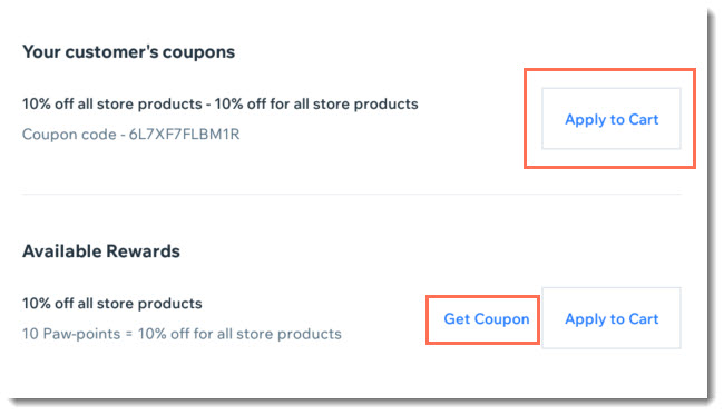 Screenshot of  loyalty screen at checkout in the Wix Retail POS tablet with Get Coupon  & Apply to Cart buttons outlined