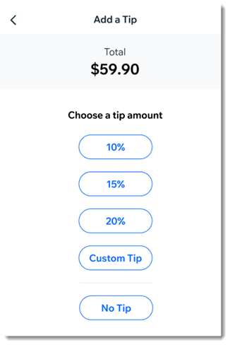 Wix モバイル POS に、チップの額を選択するオプションが表示されている様子を示したスクリーンショット。