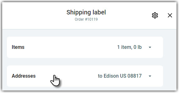 Screenshot of part of the shipping label creation window