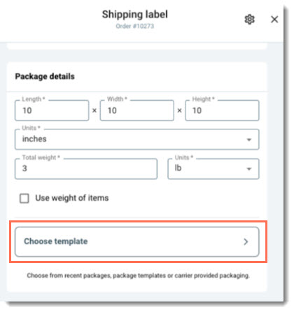 Screenshot of the shipping label creation window