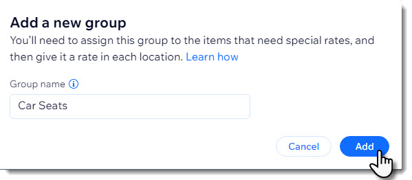 Screenshot of popup window that appears after you click Add Custom Group. Here you can enter a group name and click Add