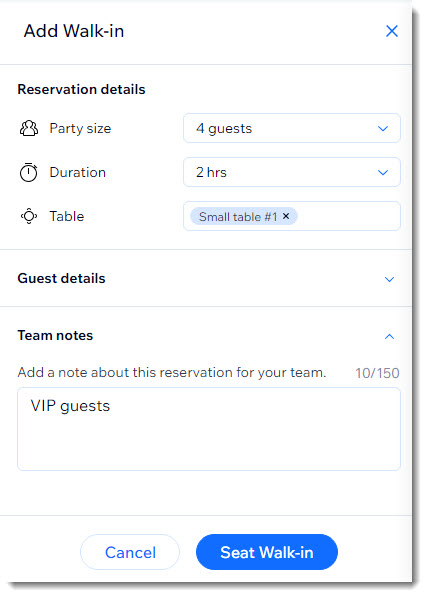 A screenshot of adding a walk-in reservation.