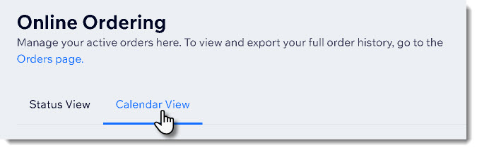 Screenshot of top of Online Ordering page with cursor on Calendar View tab