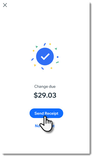 Screenshot of the screen you see in a Wix Mobile POS sale after receiving payment with the Send Receipt button indicated