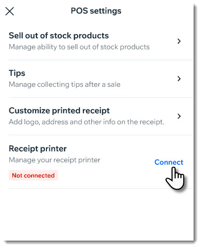 Screenshot of the POS settings, focusing on the connect receipt printer button