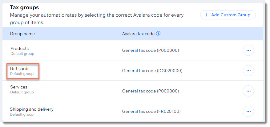 Captura de tela dos grupos de impostos com os códigos Avalara com o código do vale-presente em destaque