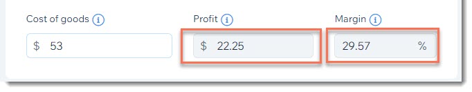 Screenshot of page where you create or edit products, showing the pricing section with profit and margin sections outlined