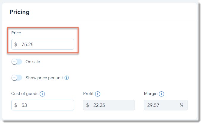 Screenshot of page where you create or edit products, with the product's base price outlined