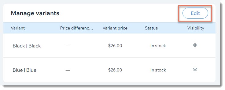 Screenshot of page where you create or edit products, showing the manage product options section with edit button outlined