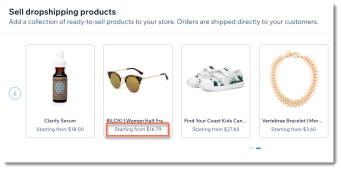 Screenshot of  dropshipping products as they're displayed in  the Find Products to Sell tab in your dashboard