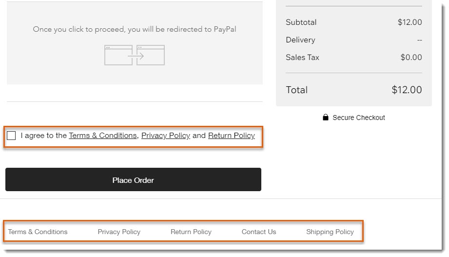 Screenshot of the top of a site's checkout page, with the policies and the policy agreement checkbox outlined