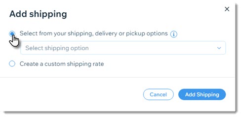 Screenshot of shipping popup