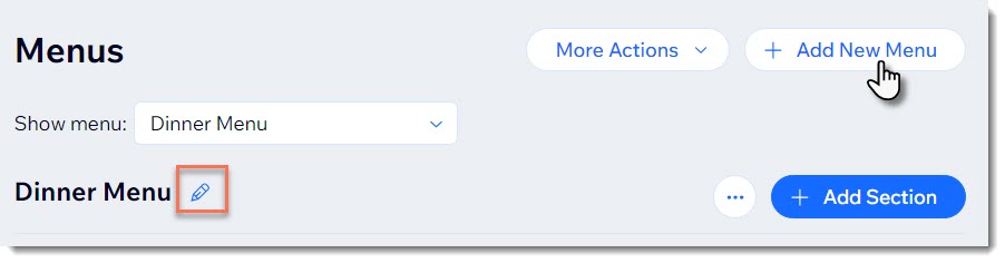 Screenshot of the menu creation page with the Add New Menu button and the edit button beside the name marked