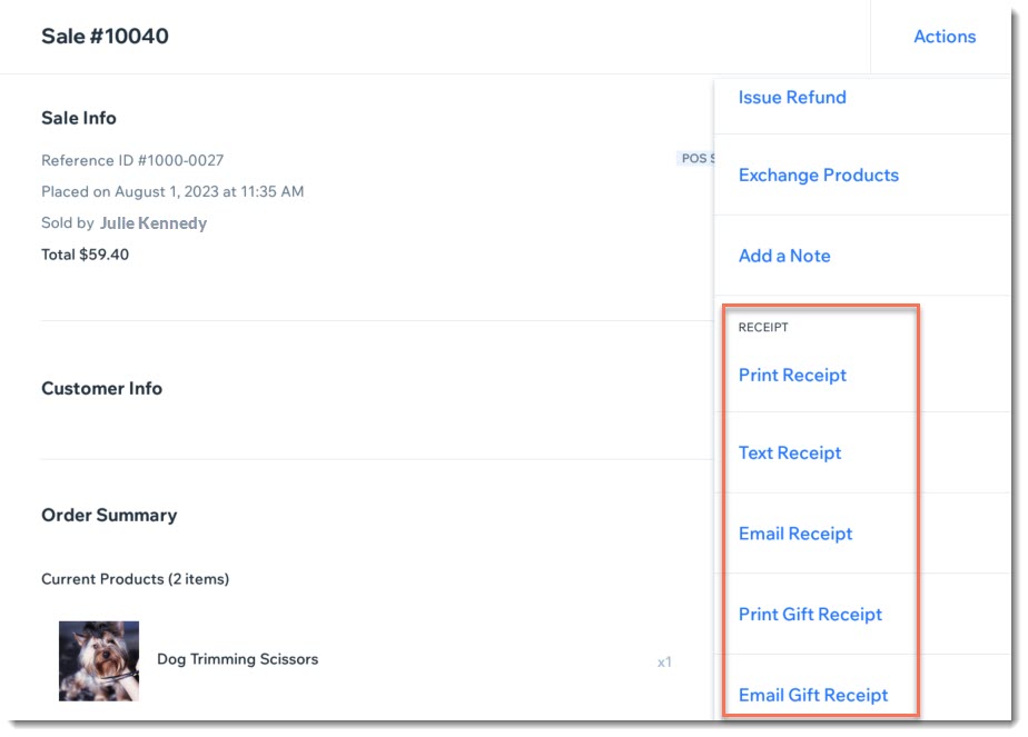 Screenshot of the Sales History tab in Wix Retail POS showing the Actions dropdown in a sale