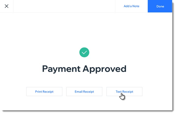 Screenshot of the screen you see after payment for a sale was approved. The screen show a text receipt option