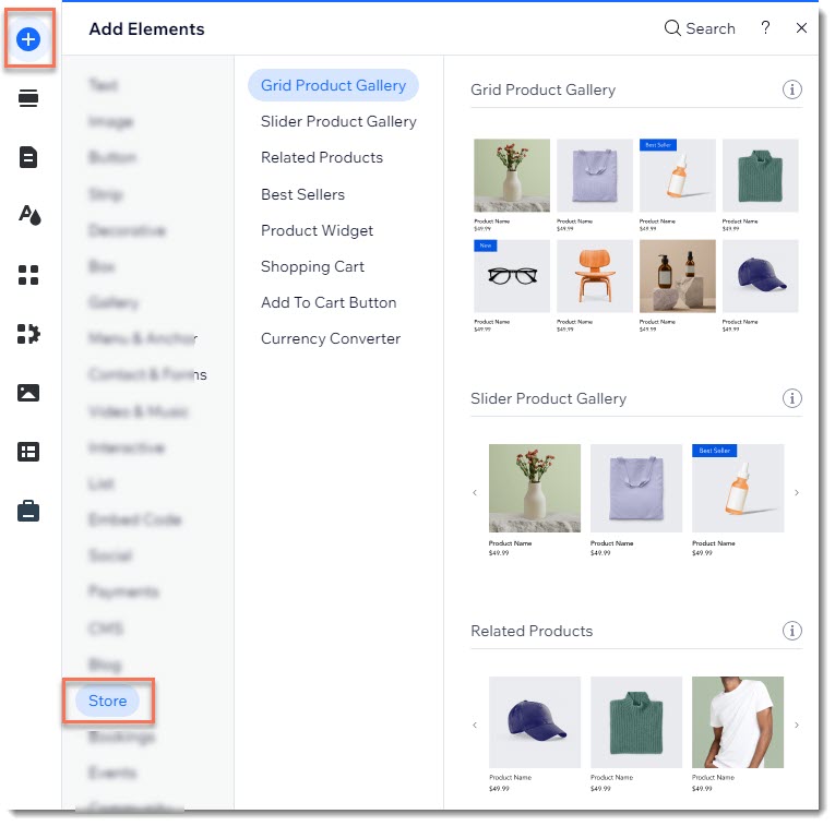 Screenshot della sezione Aggiungi elementi nell'Editor, con gli elementi del negozio visualizzati