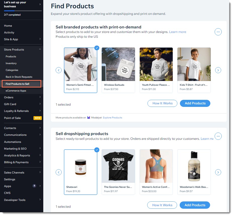 A screenshot of the Find Products to sell tab in the dashboard.