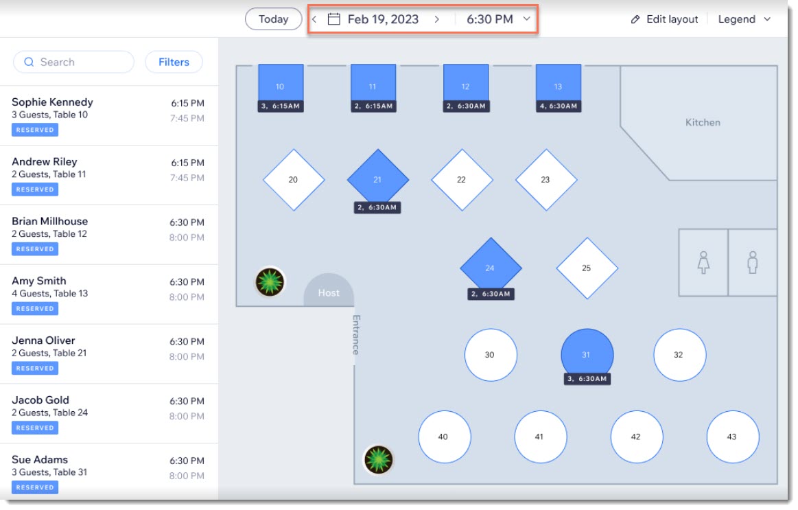 A screenshot of a restaurant's floor plan using Wix Table Reservations.