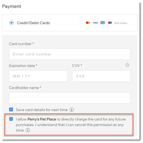 Screenshot of payment part of checkout page, with the checkbox for allowing the business to save the card outlined