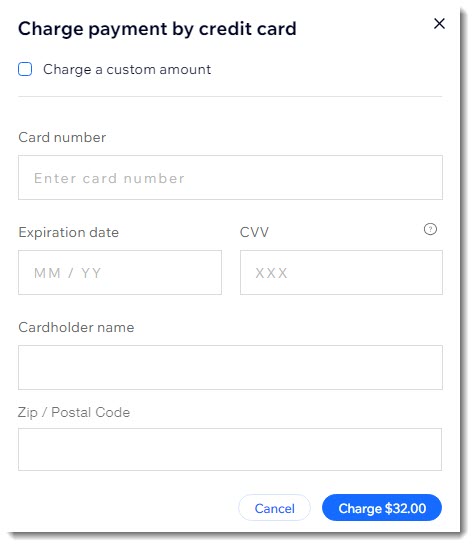 Screenshot van het 'In rekening brengen met creditcard'-venster waarin je als handelaar handmatig de creditcardgegevens van een klant kunt invoeren