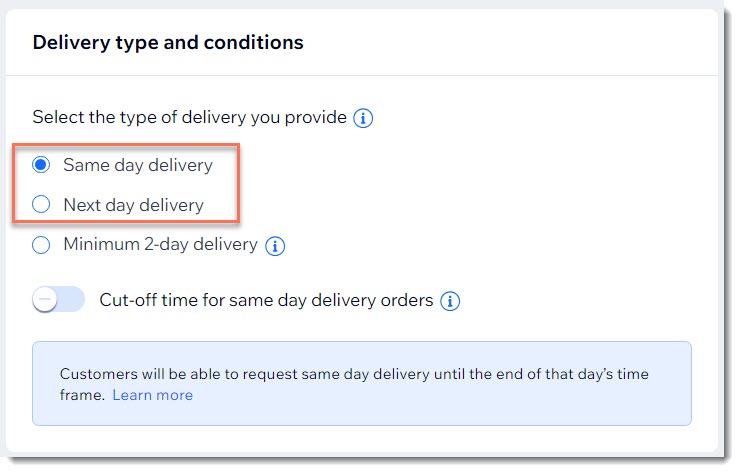 Captura de tela de parte da página de configuração de entrega local com as opções de entrega para o mesmo dia e entrega para o dia seguinte destacadas