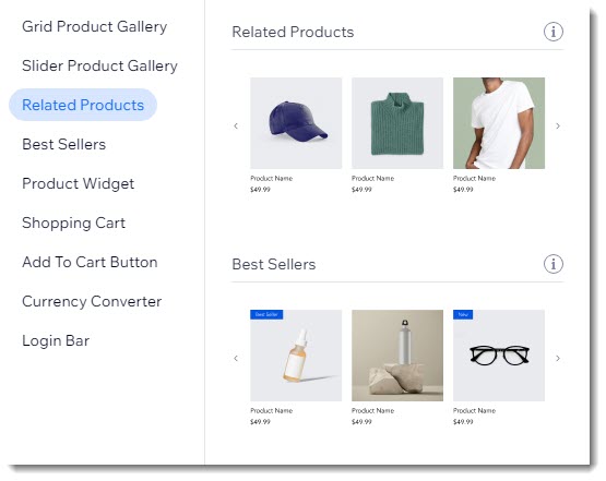 Screenshot of the Wix Stores section of the Add Panel focusing on related products