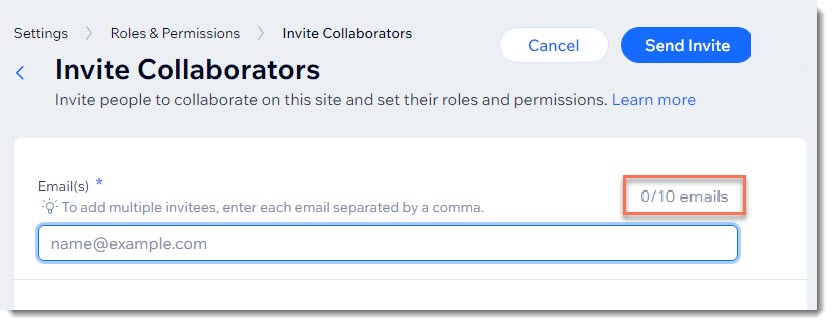 Screenshot of a part of the Roles & Permissions page in the Wix Dashboard where you invite collaborators