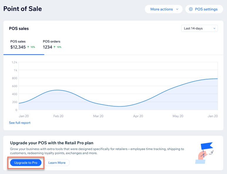 Screenshot of the POS tab in the Wix site dashboard, with the Upgrade to Pro button outlined