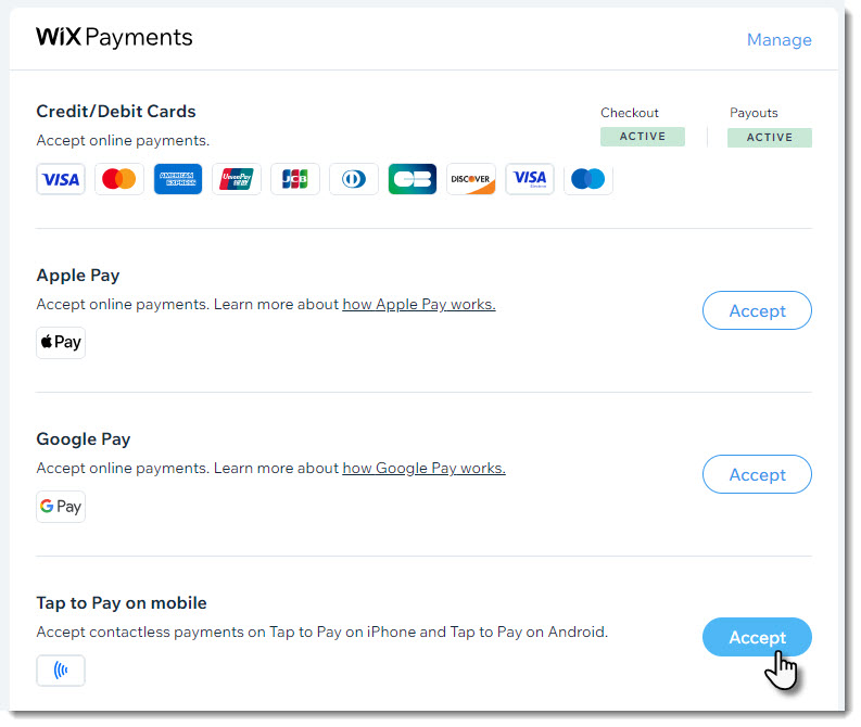 Screenshot of the Accept Payments tab in the computer dashboard with the Tap to Pay on Mobile option visible