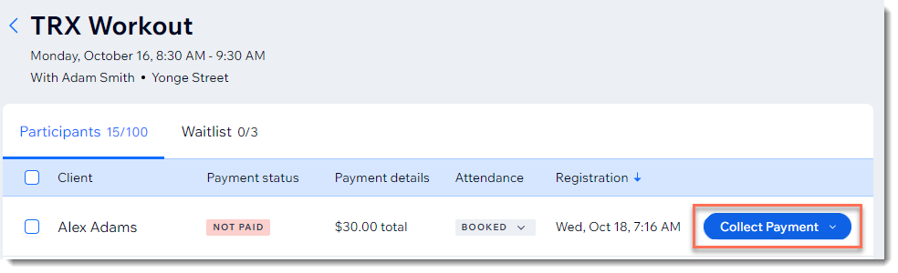 Screenshot of a Bookings class service focusing on the Collect Payment button next to a participant