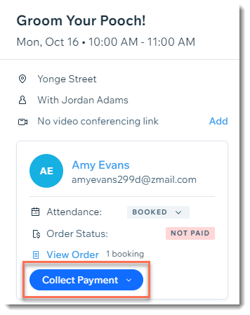 Screenshot of a Bookings appointment with the Collect Payment button outlined