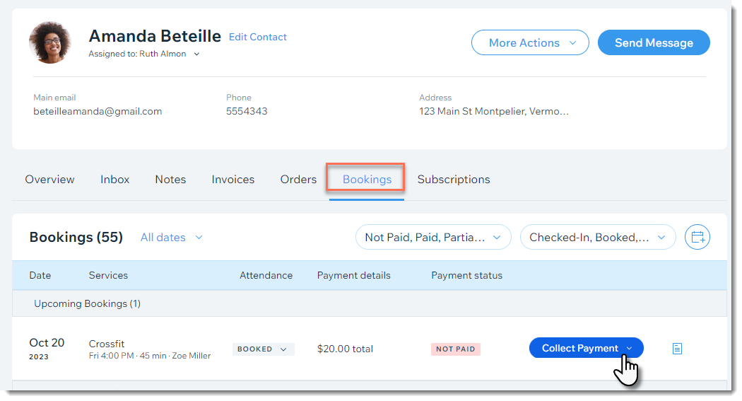 Screenshot of a contact with the Bookings tab selected showing the Collect Payment button