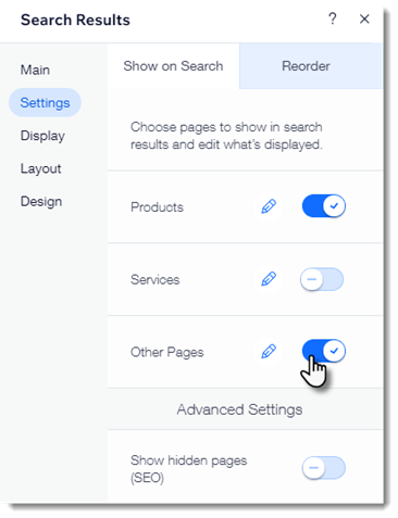 screenshot of Settings tab in the Settings Panel of Wix Site Search results page