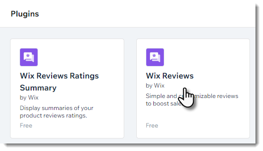 Screenshot of the plugins window with a cursor on the Wix Reviews plugin