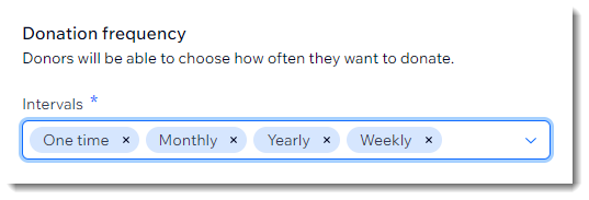 Screenshot of the donation form creation screen showing the frequency settings